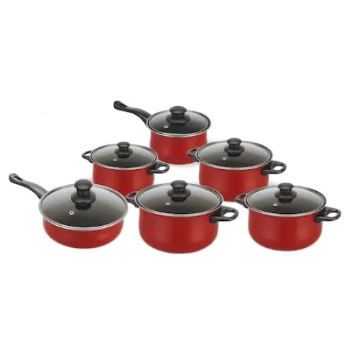 Set 12 piese, 6 vase din otel cabon, 6 capace din sticla termorezistenta, cu 3 straturi, rosu