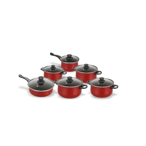 Set 12 piese, 6 vase din otel cabon, 6 capace din sticla termorezistenta, cu 3 straturi, rosu