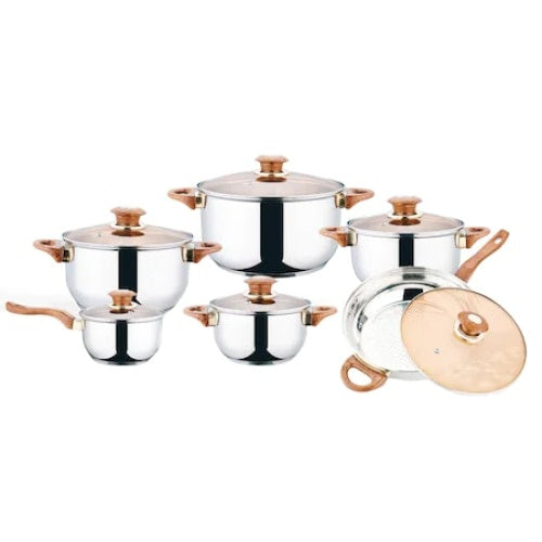 Set 12 piese, cu 6 vase din inox, 6 capace din sticla, manere reci, compatibile cu plita electrica si cu inductie, argintiu