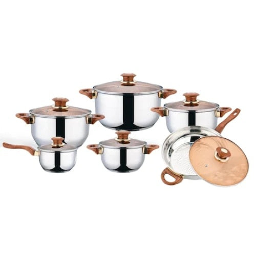 Set 12 piese, cu 6 vase din inox, 6 capace din sticla, manere reci, compatibile cu plita electrica si cu inductie, argintiu