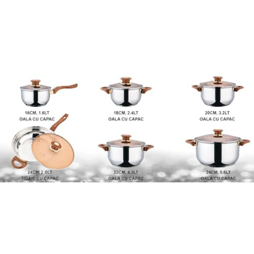 Set 12 piese, cu 6 vase din inox, 6 capace din sticla, manere reci, compatibile cu plita electrica si cu inductie, argintiu