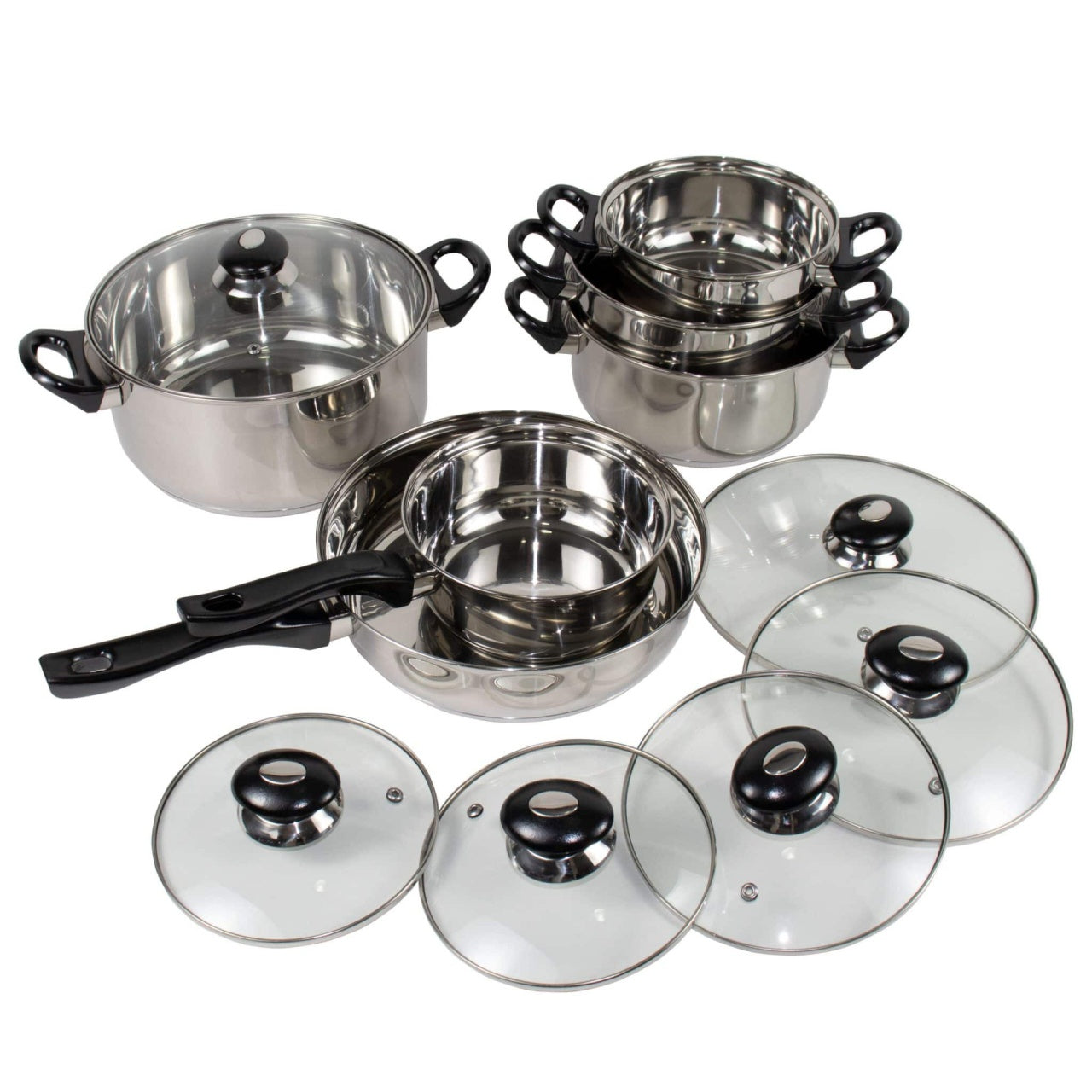 Set 12 piese oale, cratita si tigaie inox cu capace, fund dublu, compatibil inductie