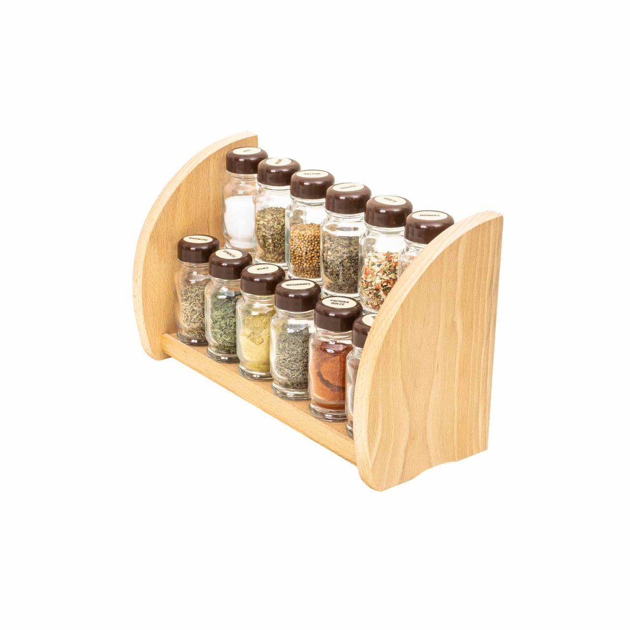 Set 12 sticle condimente cu suport lemn, dimensiuni 30x18x12 cm