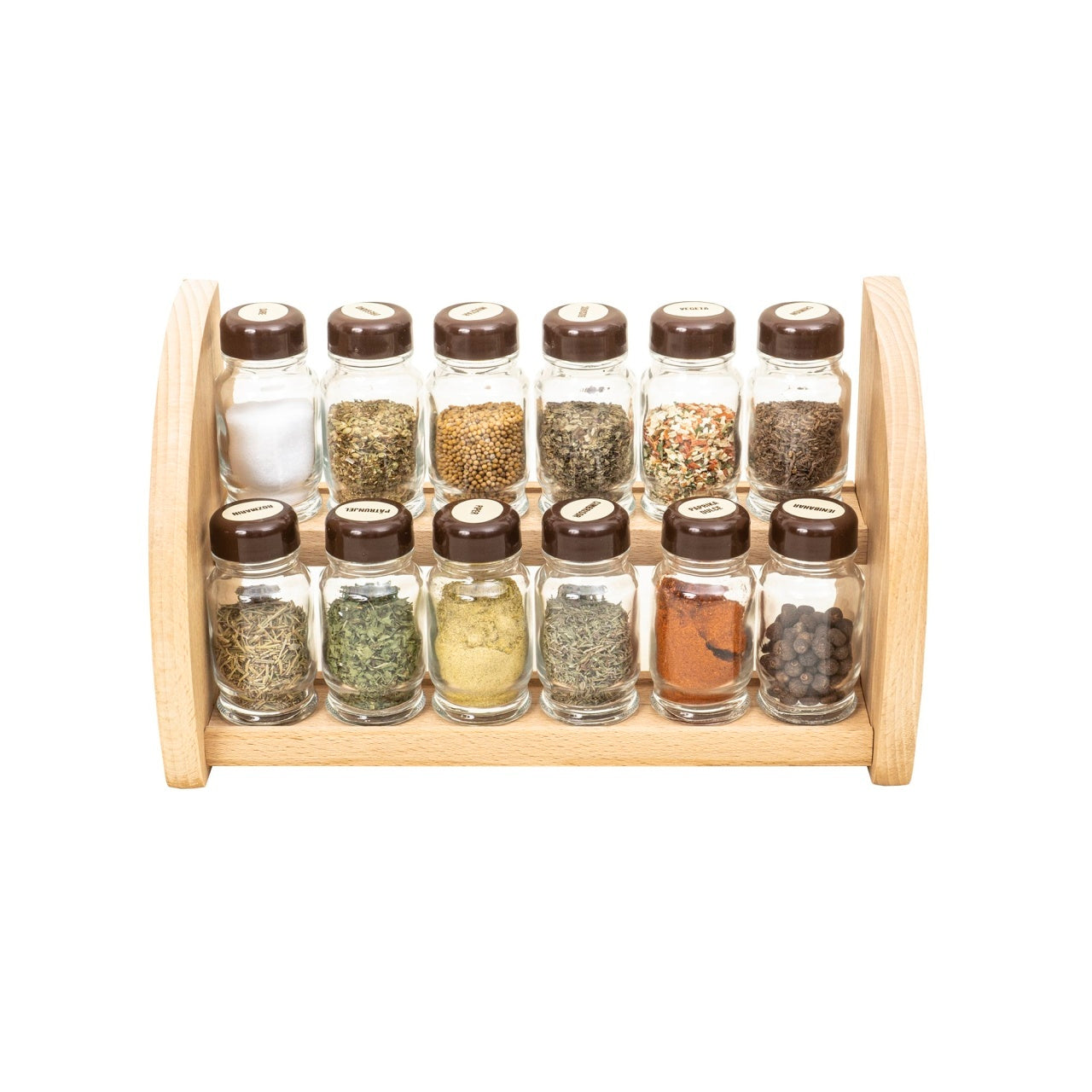 Set 12 sticle condimente cu suport lemn, dimensiuni 30x18x12 cm