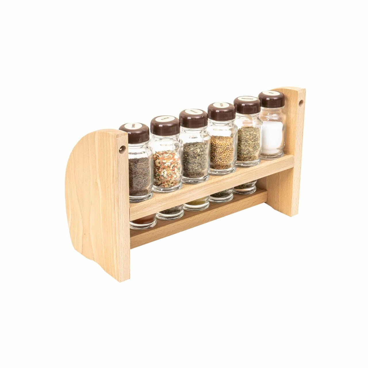 Set 12 sticle condimente cu suport lemn, dimensiuni 30x18x12 cm