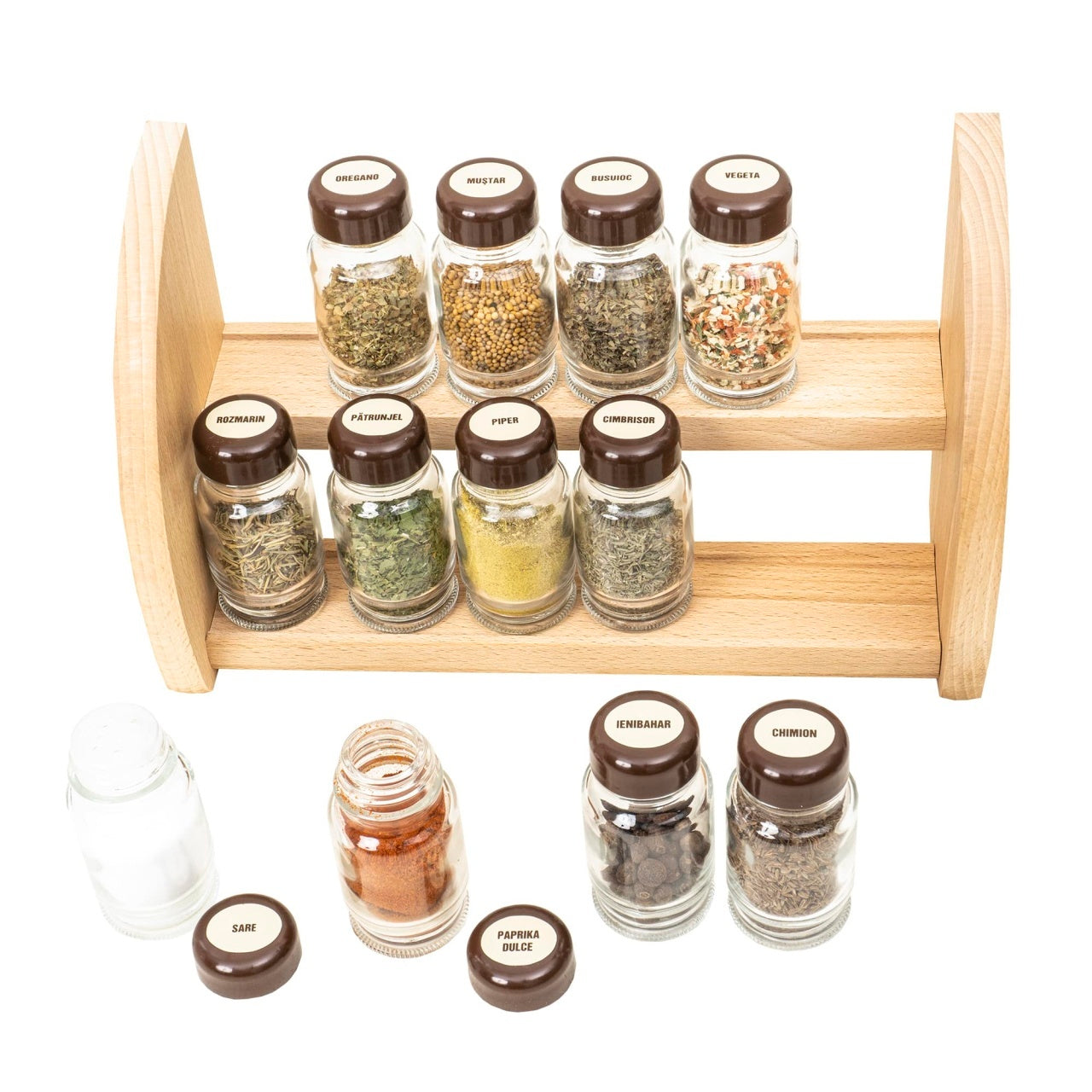 Set 12 sticle condimente cu suport lemn, dimensiuni 30x18x12 cm