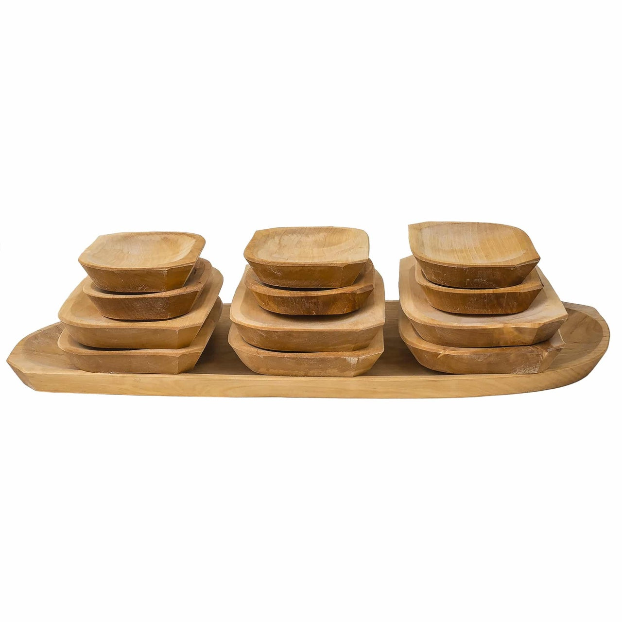 Set 13 platouri din lemn de arin, compartimentate, diferite dimensiuni, maro