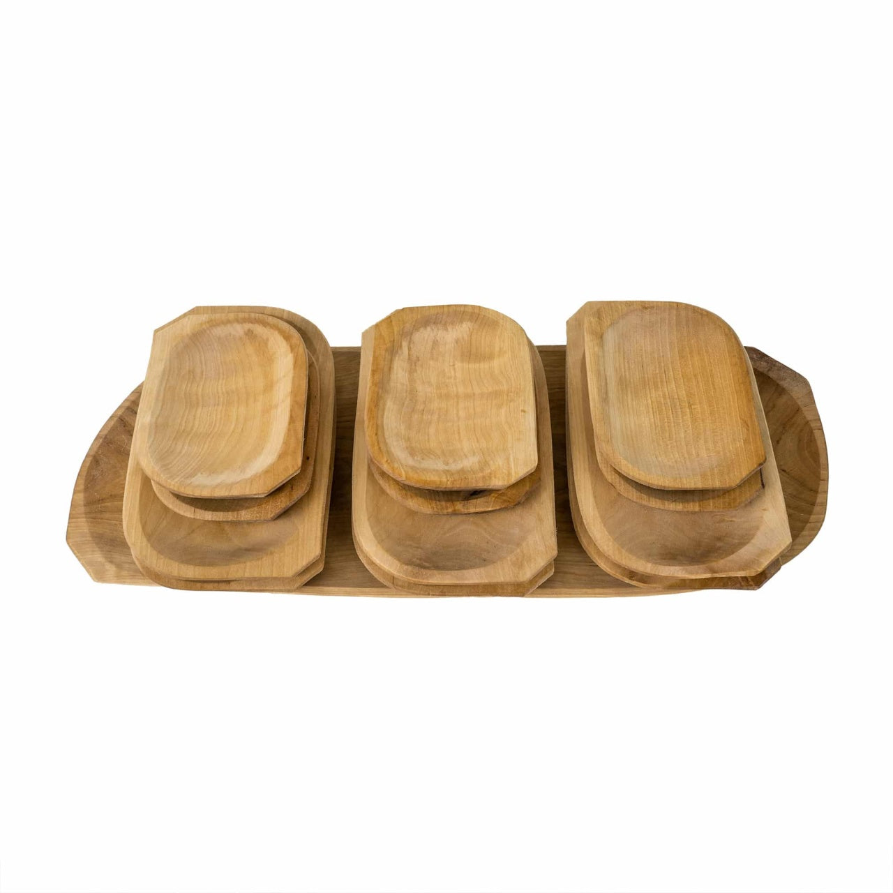 Set 13 platouri din lemn de arin, compartimentate, diferite dimensiuni, maro