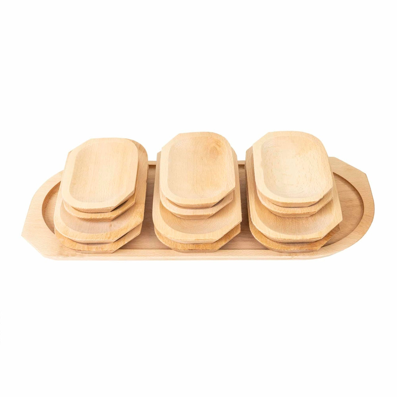 Set 13 platouri din lemn de fag pentru servire, dimensiuni variate, maro