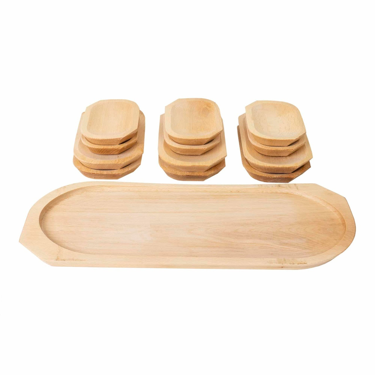 Set 13 platouri din lemn de fag pentru servire, dimensiuni variate, maro