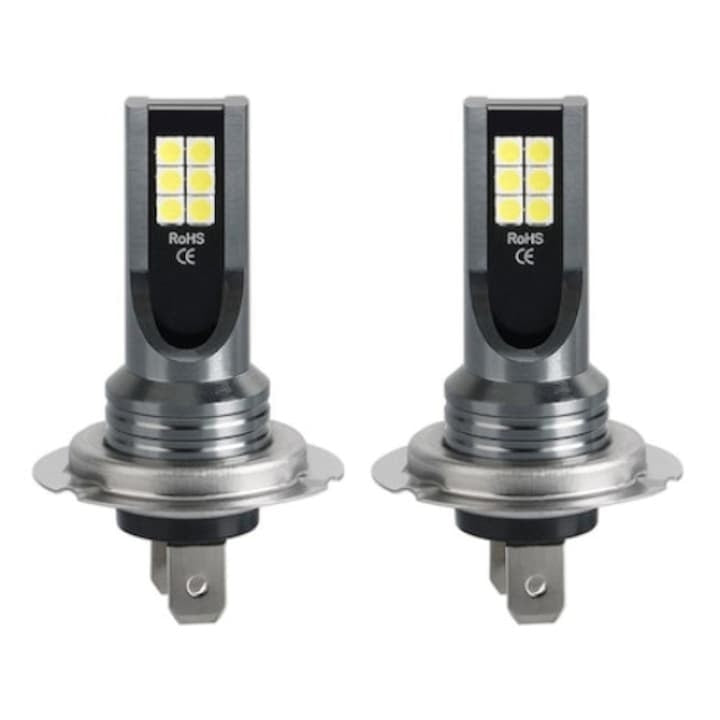 Set 2 becuri auto H7 LED, 12V, 12 SMD, putere 60W, temperatura culoare 6000K, flux luminos 6800lm, Plug and Play, lumina alba