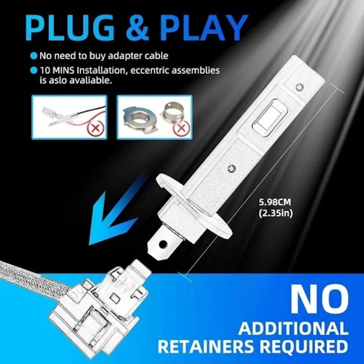 Set 2 becuri auto, led auto, H1, putere 120W, lumina alb-rece, flux luminos 15.000 lumeni, rezistenta la apa, consum redus de energie, plug and play, alb