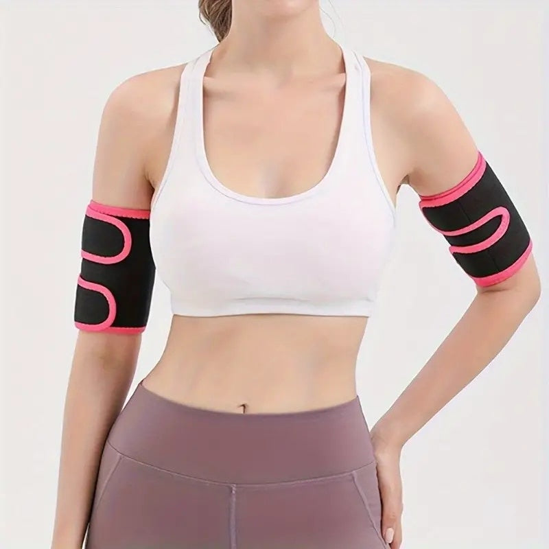 Set 2 benzi pentru brate, pentru fitness si sauna, din cauciuc si neopren, dimensiuni ajustabile, prindere cu arici, negru/roz