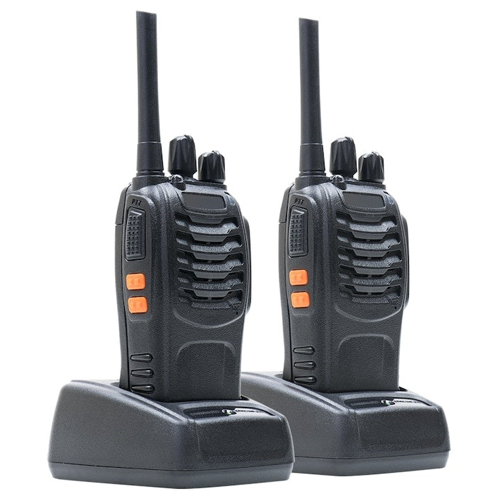 Set 2 bucati statie radio, programabila, cu acumulatori, incarcatoare si casti incluse, 0.5W, ASQ, TOT, VOX, portabile, negru