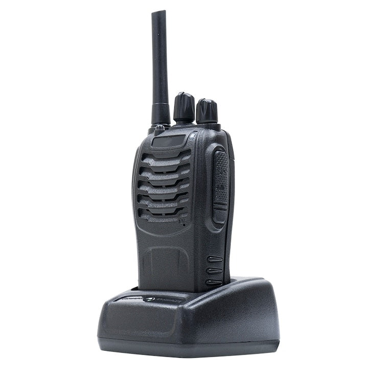 Set 2 bucati statie radio, programabila, cu acumulatori, incarcatoare si casti incluse, 0.5W, ASQ, TOT, VOX, portabile, negru