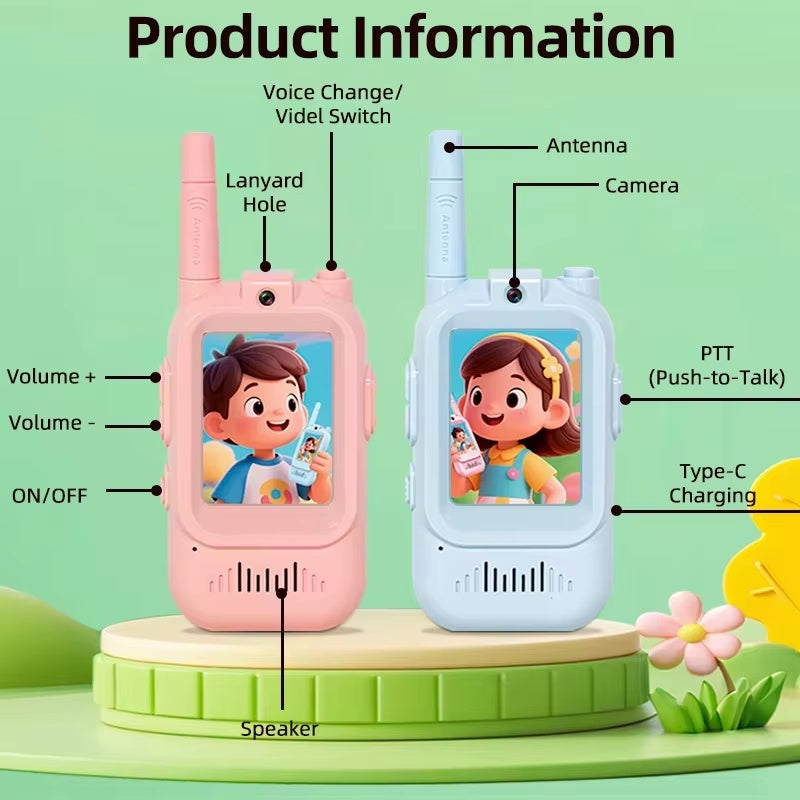 Set 2 bucati Walkie Talkie cu Video pentru Copii, cu camera HD, baterie reincarcabila incorporata, roz/albastru