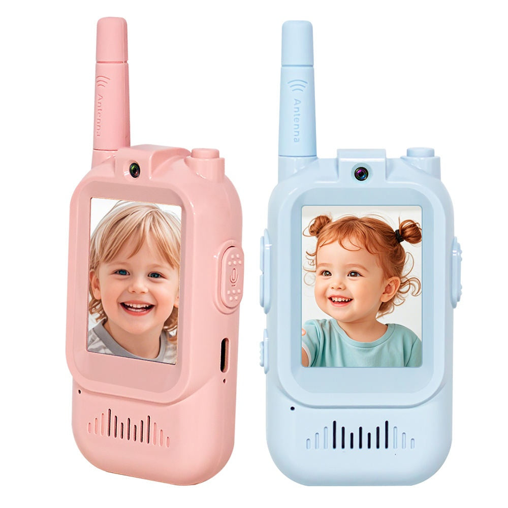 Set 2 bucati Walkie Talkie cu Video pentru Copii, cu camera HD, baterie reincarcabila incorporata, roz/albastru