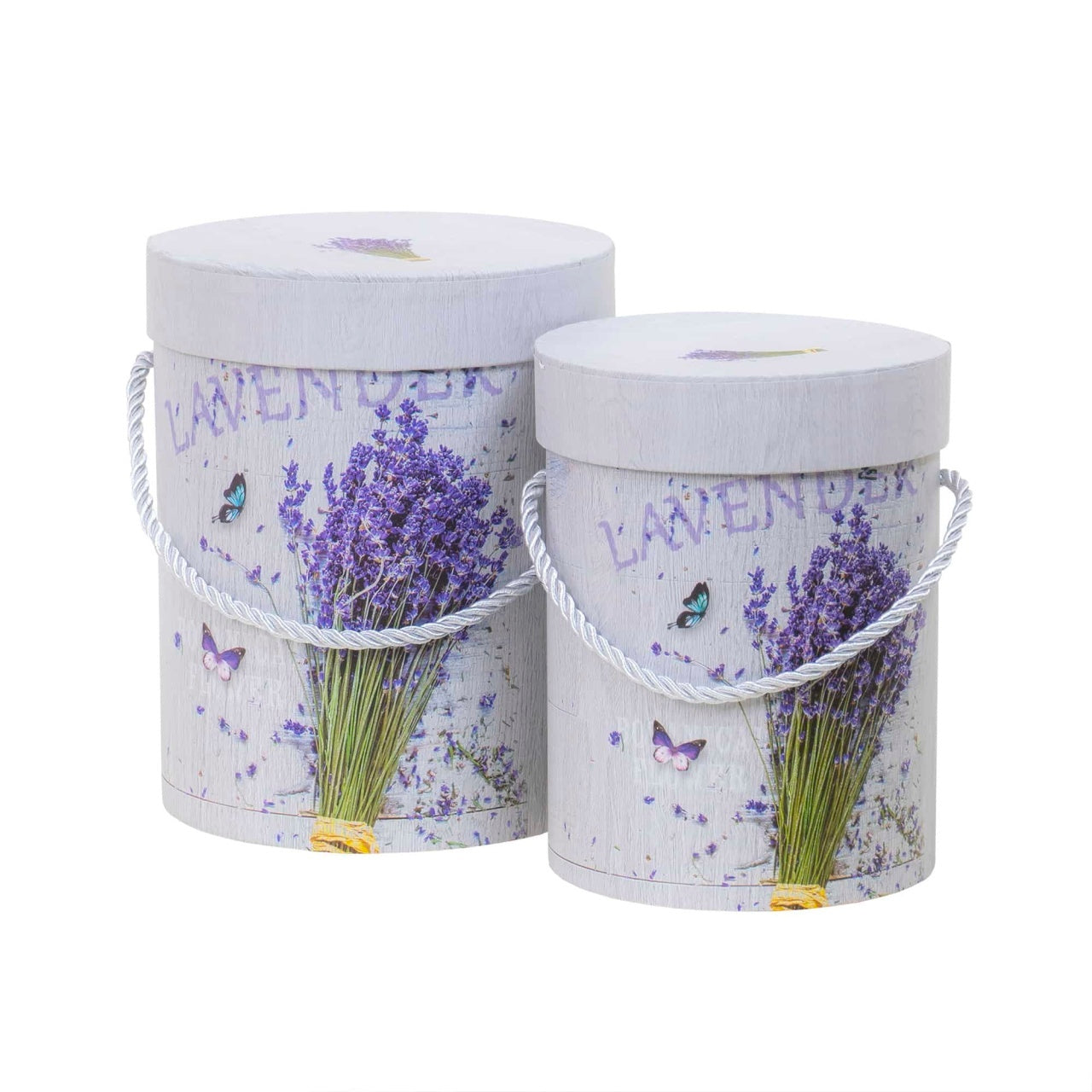 Set 2 cutii cilindrice cu model, inaltimi 17.5 cm si 15.5 cm, diametre 14.5 cm si 12 cm