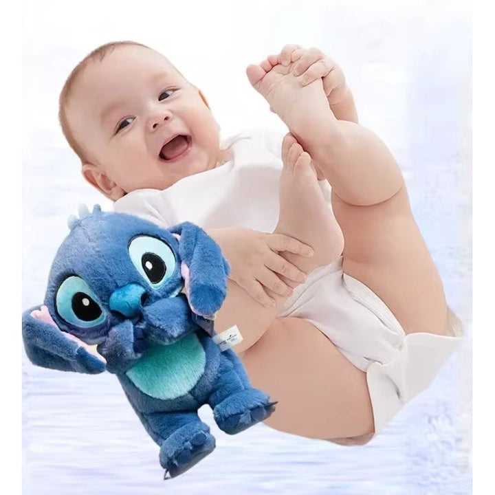 Set 2 Jucarii interactive de plus Lilo si Stitch, cu efecte luminoase si muzicale, care respira si calmeaza copilul, 15 cm lungime, albastru/roz