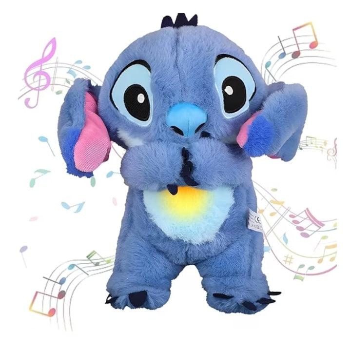 Set 2 Jucarii interactive de plus Lilo si Stitch, cu efecte luminoase si muzicale, care respira si calmeaza copilul, 15 cm lungime, albastru/roz