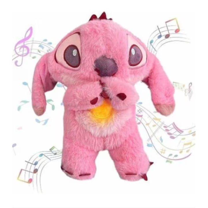 Set 2 Jucarii interactive de plus Lilo si Stitch, cu efecte luminoase si muzicale, care respira si calmeaza copilul, 15 cm lungime, albastru/roz