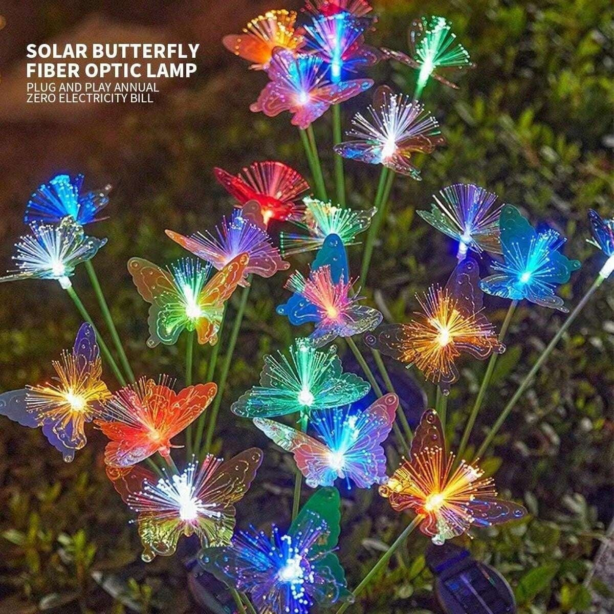 Set 2 lampi solare, tip fluture, fixare cu tarus, pentru gradina, 7 tipuri de lumina, din metal si ABS, multicolor