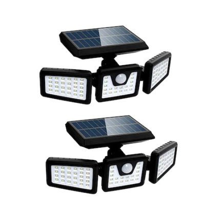 Set 2 lampi solare triple FOXMAG24, pentru exterior, cu senzor de miscare, rezistente la apa, 74 LED-uri, 2400 mAh, negru