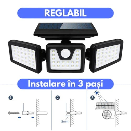 Set 2 lampi solare triple FOXMAG24, pentru exterior, cu senzor de miscare, rezistente la apa, 74 LED-uri, 2400 mAh, negru