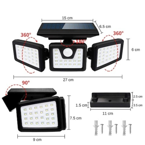 Set 2 lampi solare triple FOXMAG24, pentru exterior, cu senzor de miscare, rezistente la apa, 74 LED-uri, 2400 mAh, negru