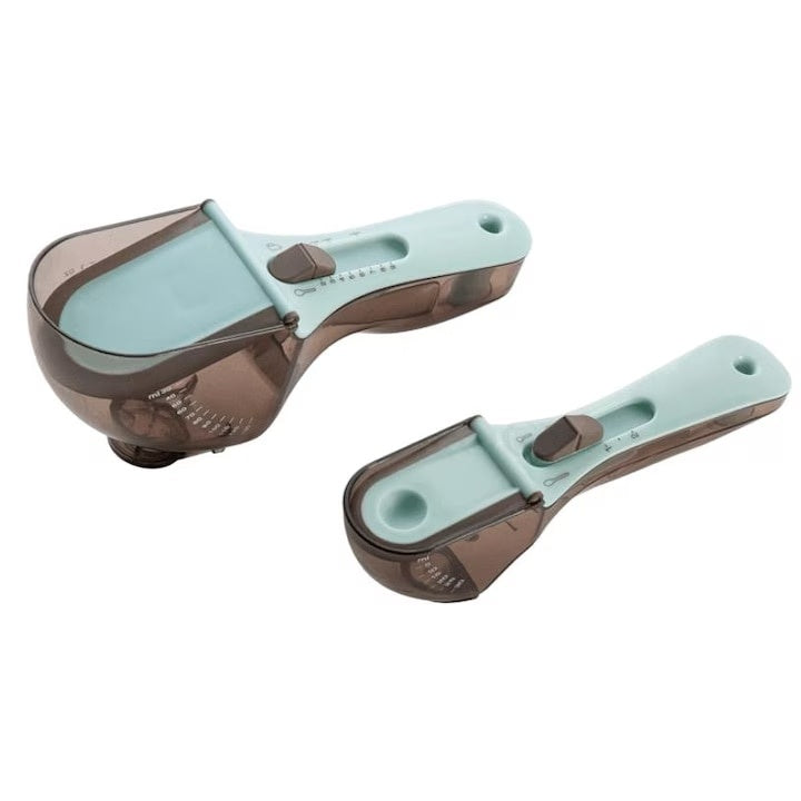 Set 2 linguri masurare pentru bucatarie, cu maner ergonomic, din plastic rezistent, cu buton de selectie, Gri/Albastru