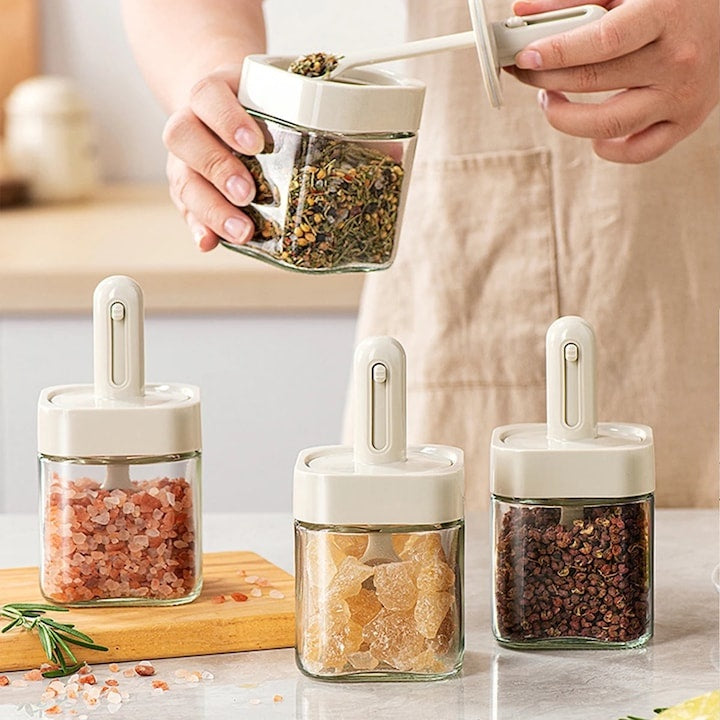 Set 2 recipiente condimente, din sticla, lingura reglabila, capac etans, capacitate 250ml, gri