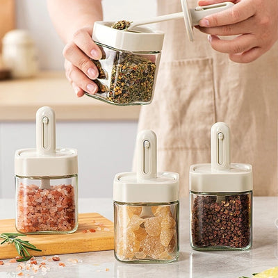 Set 2 recipiente condimente, din sticla, lingura reglabila, capac etans, capacitate 250ml, gri