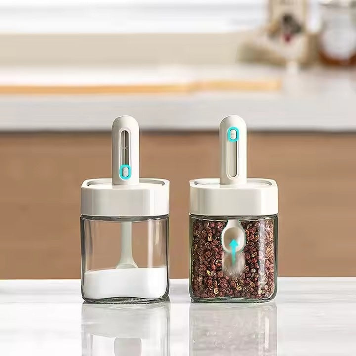 Set 2 recipiente condimente, din sticla, lingura reglabila, capac etans, capacitate 250ml, gri