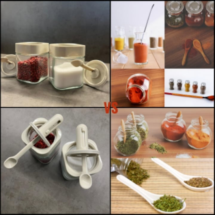 Set 2 recipiente condimente, din sticla, lingura reglabila, capac etans, capacitate 250ml, gri
