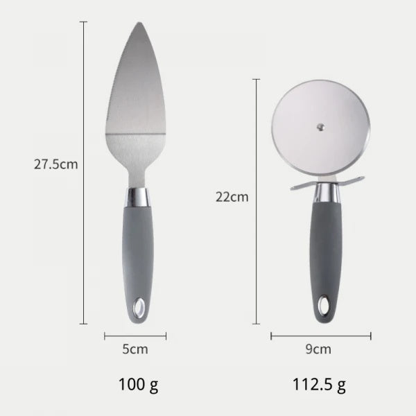 Set 2 ustensile pentru pizza, spatula si cutit, din otel inoxidabil, maner practic din ABS, negru/argintiu