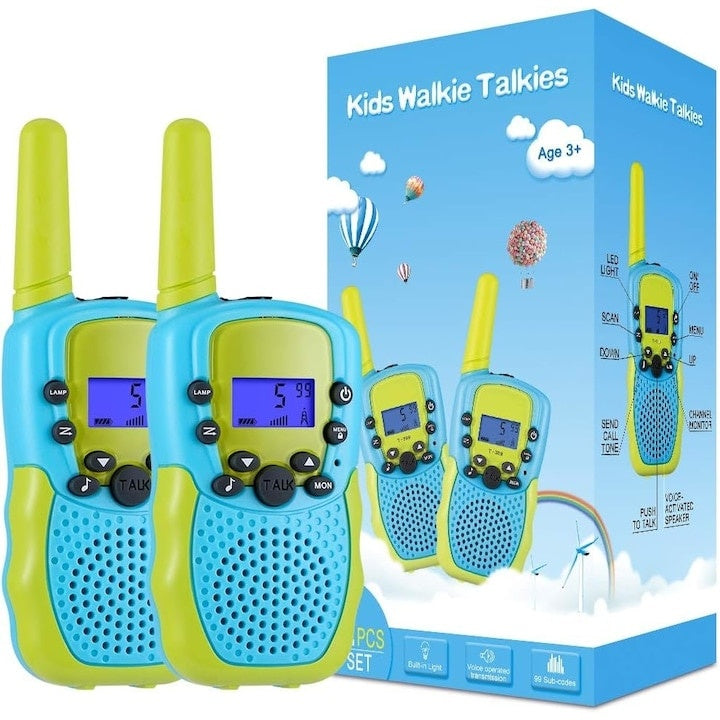 Set 2 Walkie Talkie pentru copii, cu ecran LED, sunet clar si functie de blocare a tastelor, design ergonomic, comunicare pe distanta de pana la 6 km, lanterna incorporata, verde/albastru