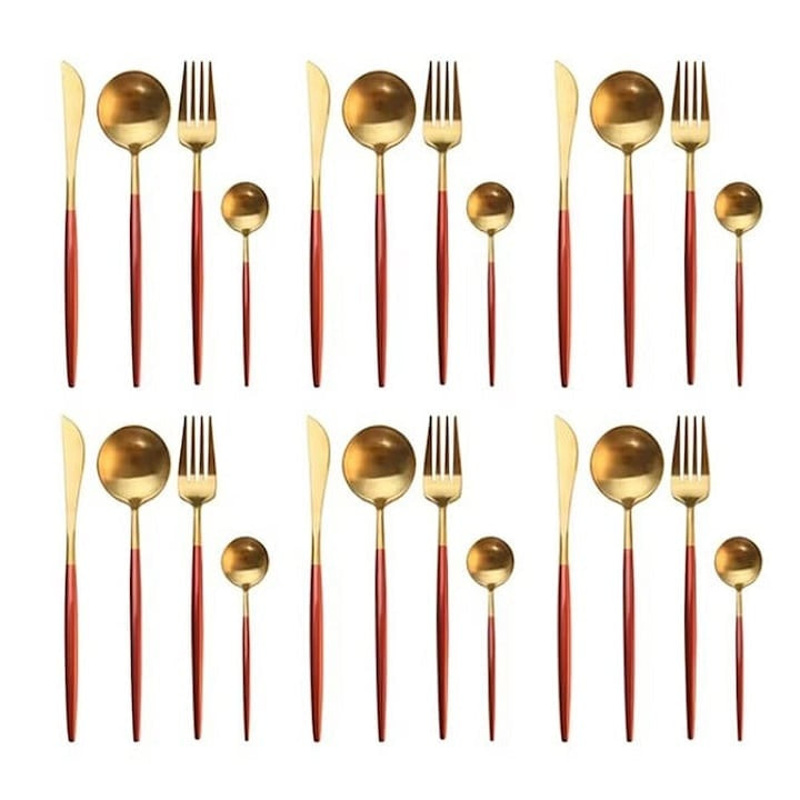 Set 24 de tacamuri, din otel inoxidabil, potrivit pentru 6 persoane, design modern, rosu/auriu