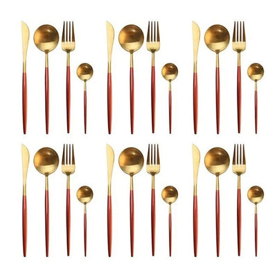 Set 24 de tacamuri, din otel inoxidabil, potrivit pentru 6 persoane, design modern, rosu/auriu