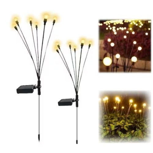 Set 2x lampa solara licurici, alb cald, cu 6 bulbi, impermeabil, din ABS, 60cm inaltime, negru