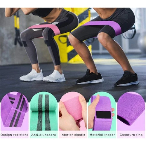 Set 3 benzi elastice pentru fitness, cu 3 niveluri de rezistenta, confectionate din material textil