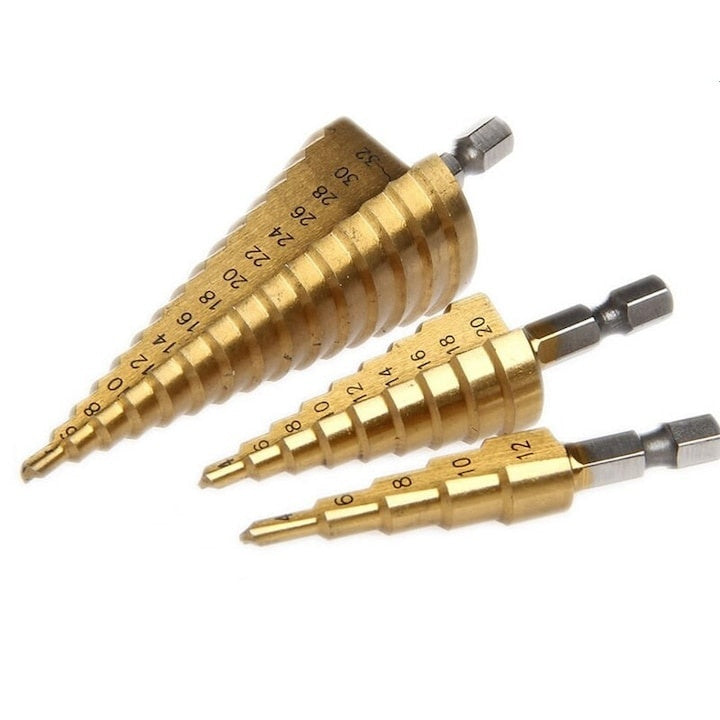 Set 3 burghie pentru metal, tip freza in trepte, din otel si titan, dimensiuni 4-10mm, 4-20mm, 4-32mm, auriu