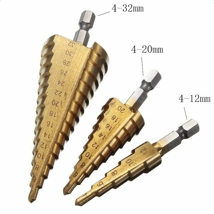 Set 3 burghie pentru metal, tip freza in trepte, din otel si titan, dimensiuni 4-10mm, 4-20mm, 4-32mm, auriu
