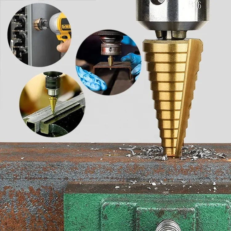 Set 3 burghie pentru metal, tip freza in trepte, din otel si titan, dimensiuni 4-10mm, 4-20mm, 4-32mm, auriu