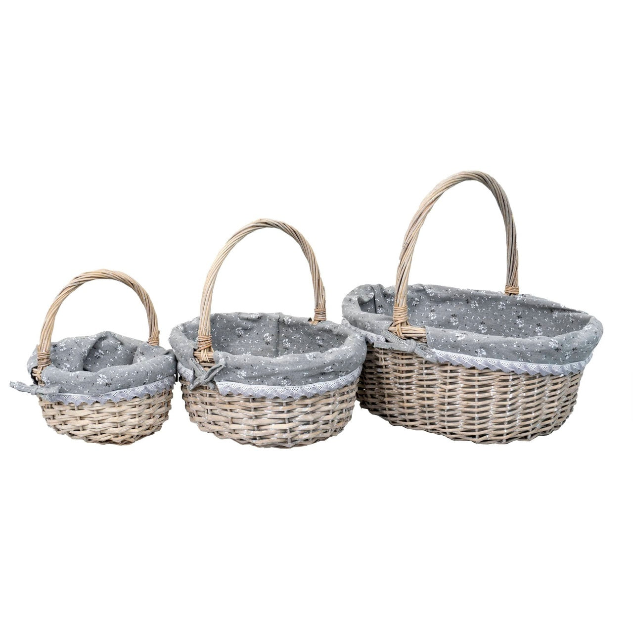 Set 3 cosuri din rachita ovale, gri inchis cu material textil