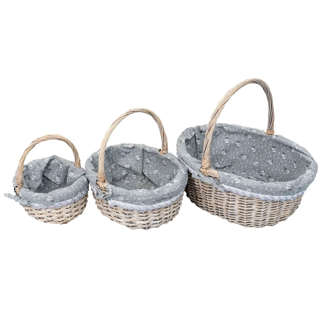 Set 3 cosuri din rachita ovale, gri inchis cu material textil