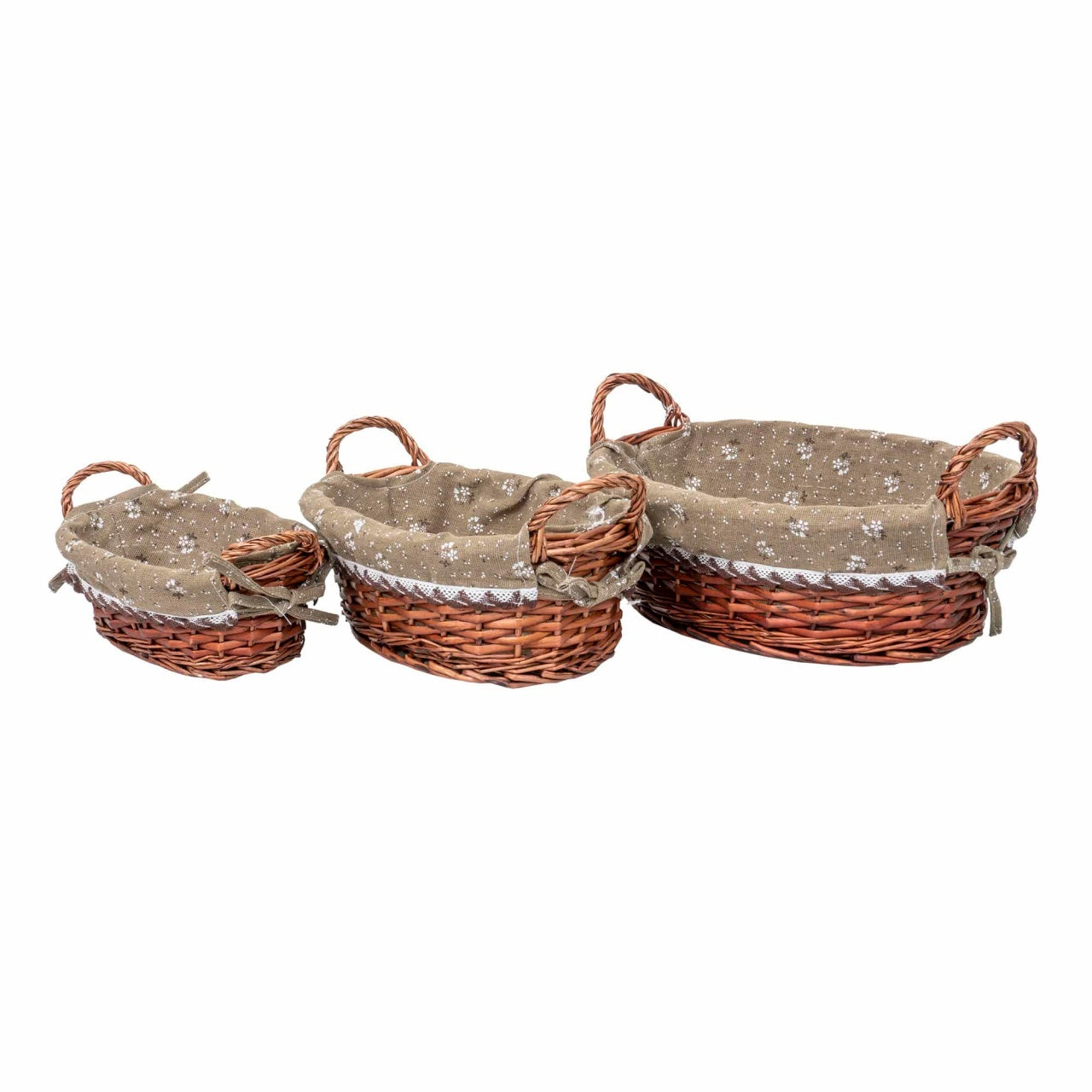 Set 3 cosuri ovale din rachita cu manere, maro inchis, cu material textil