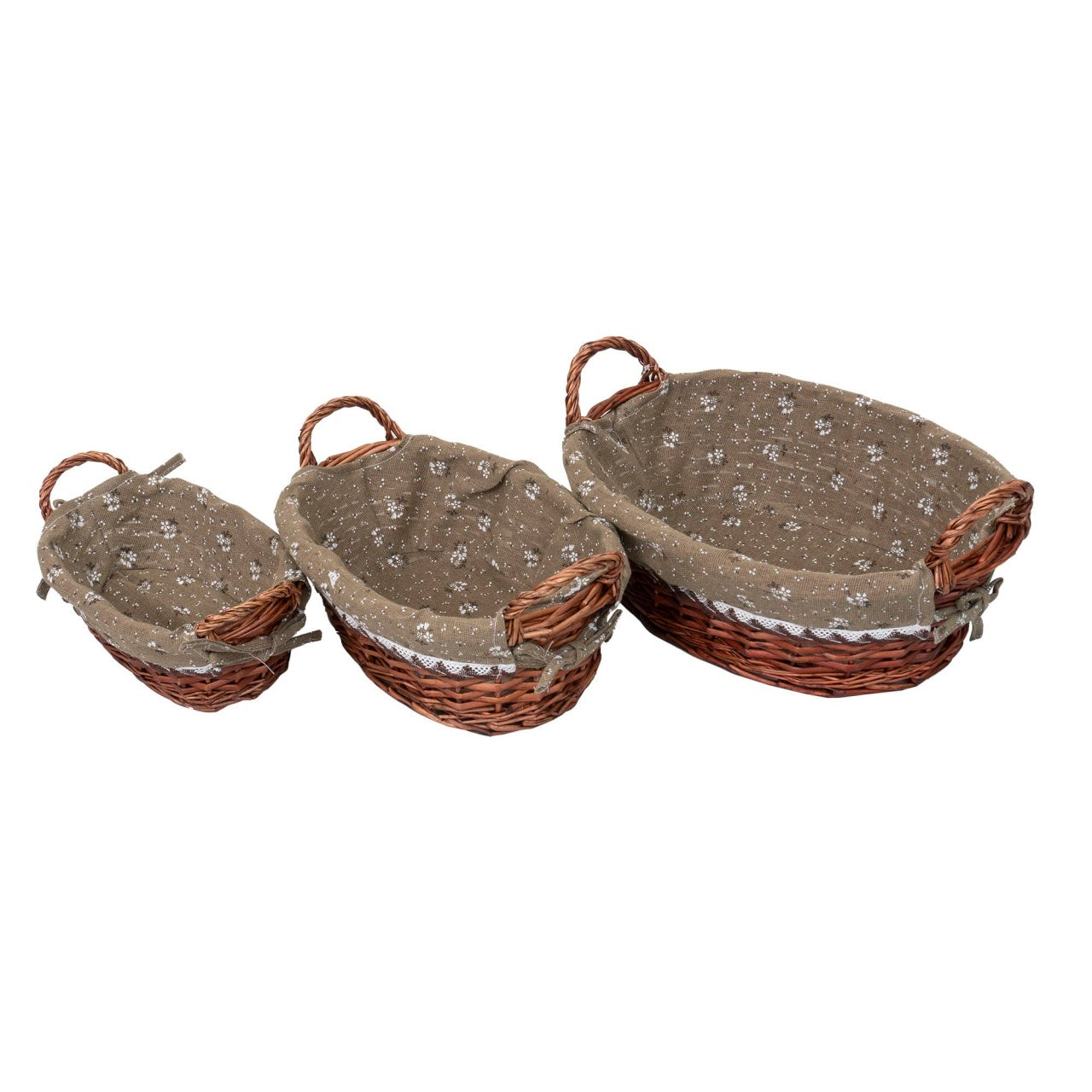 Set 3 cosuri ovale din rachita cu manere, maro inchis, cu material textil