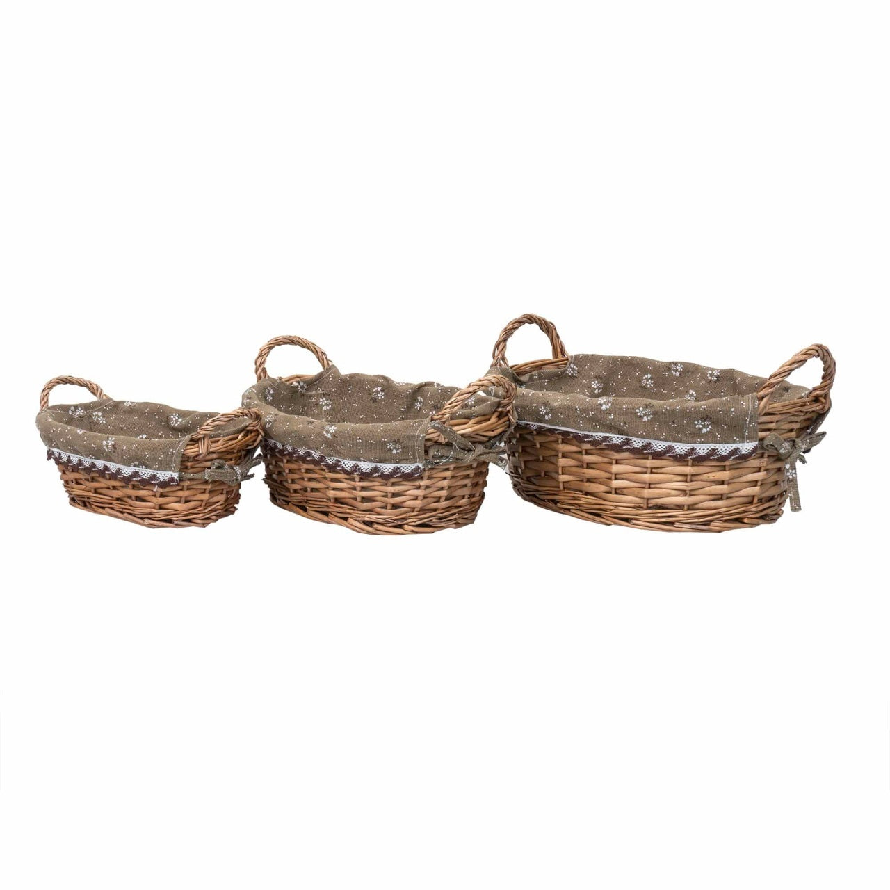 Set 3 cosuri ovale din rachita, maro deschis, cu manere si material textil