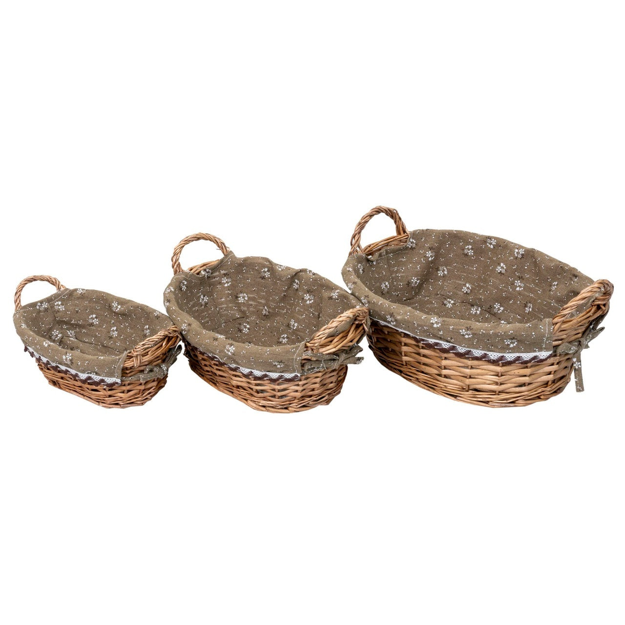 Set 3 cosuri ovale din rachita, maro deschis, cu manere si material textil
