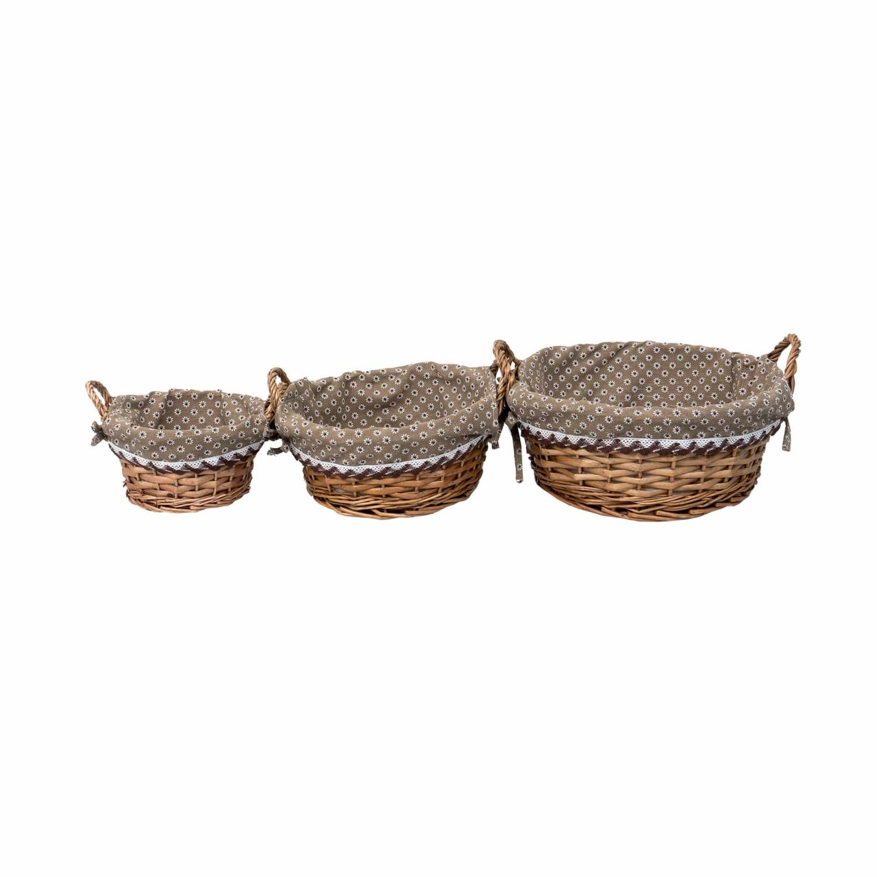 Set 3 cosuri rotunde de rachita cu manere, maro deschis, dimensiuni variate